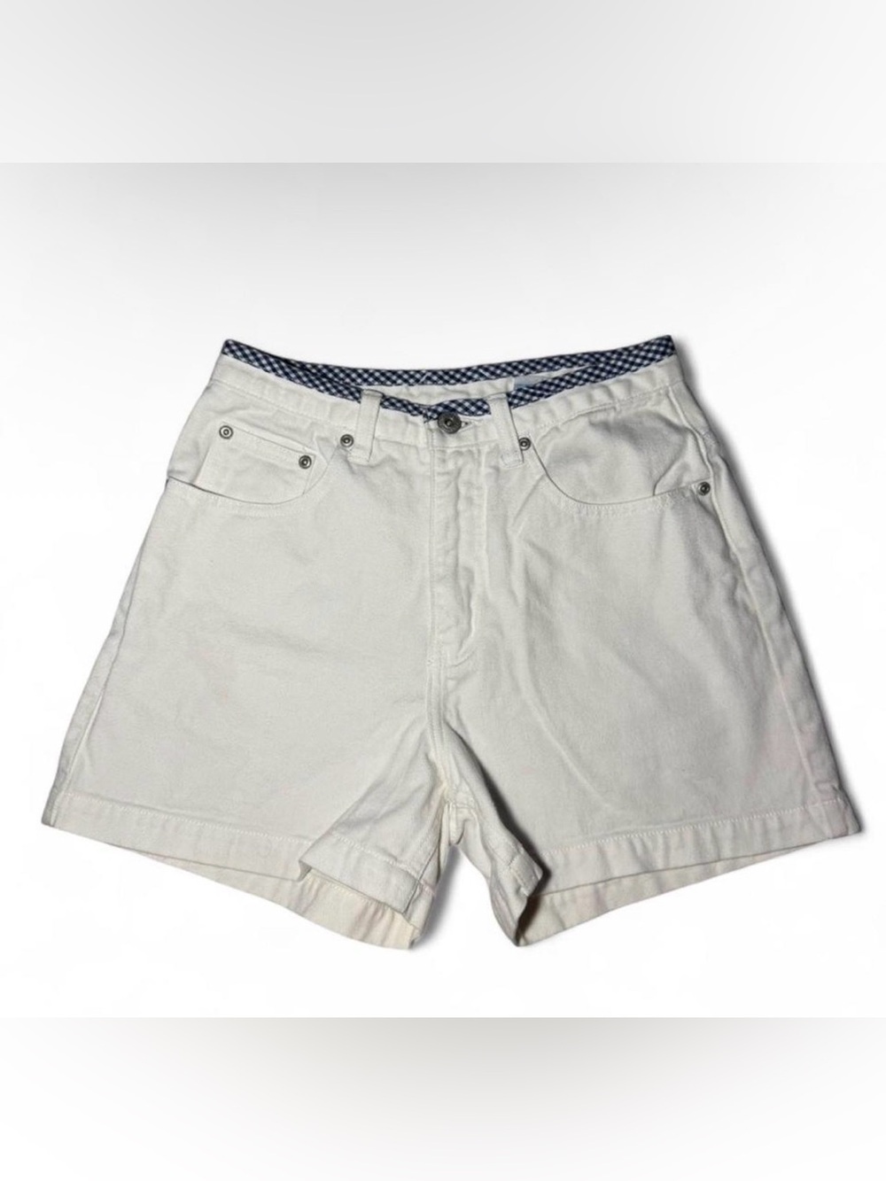 Y2K 90s LA Blues White denim shorts with blue gingham waistband. Size: 6🪩